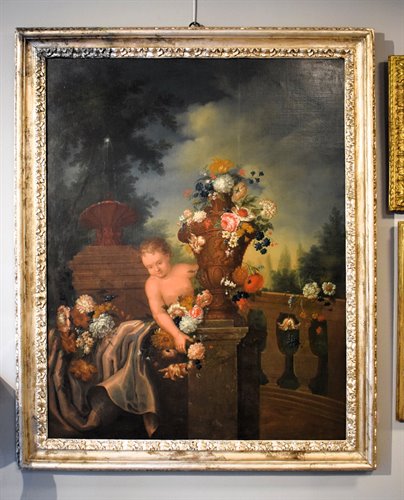 Nature Morte de Fleurs avec Putto et Fontaine dans un  jarden